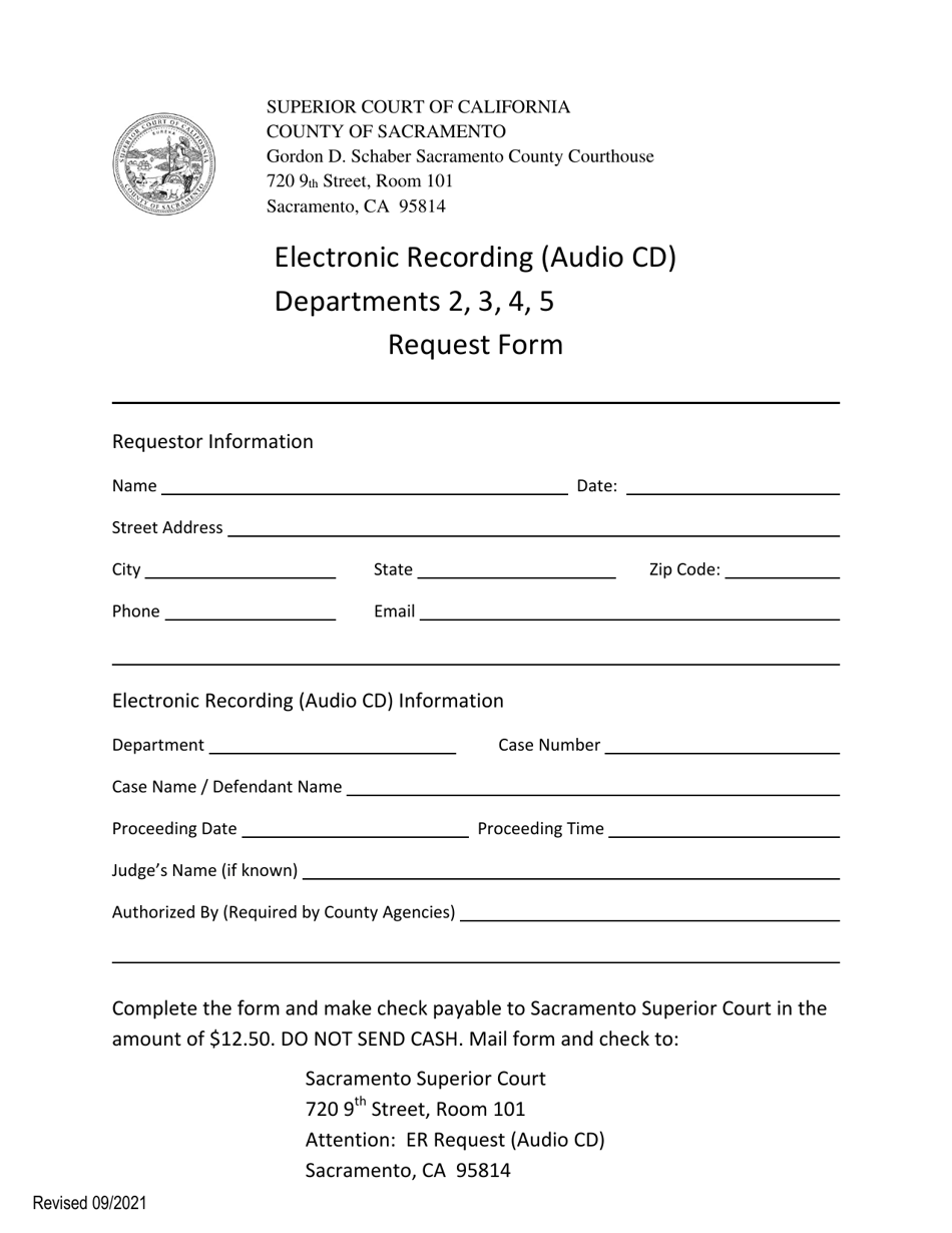 Electronic Recording (Audio Cd) Request Form - Departments 2, 3, 4, 5 and 84 - County of Sacramento, California, Page 1