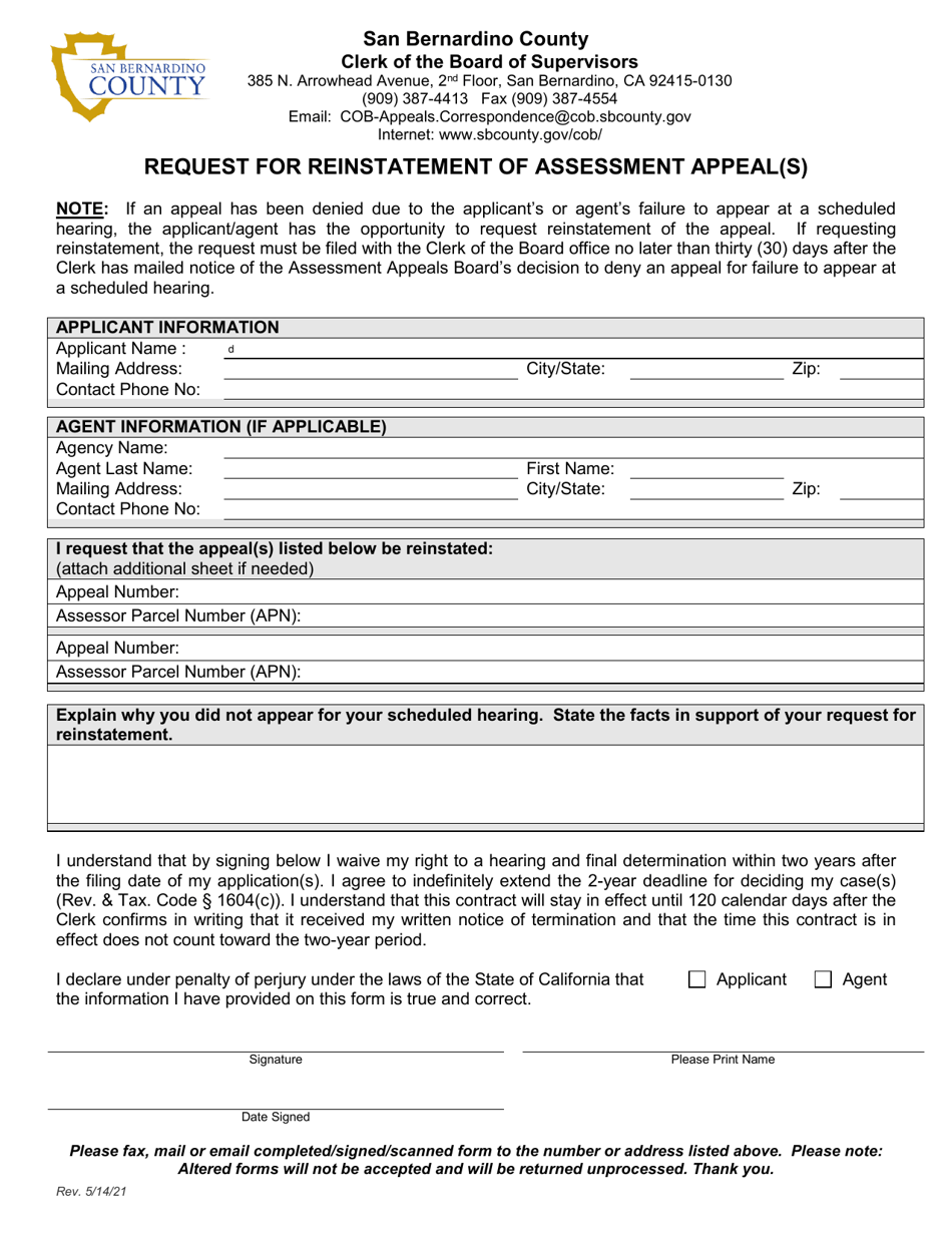 Request for Reinstatement of Assessment Appeal(S) - County of San Bernardino, California, Page 1