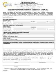 Document preview: Request for Reinstatement of Assessment Appeal(S) - County of San Bernardino, California