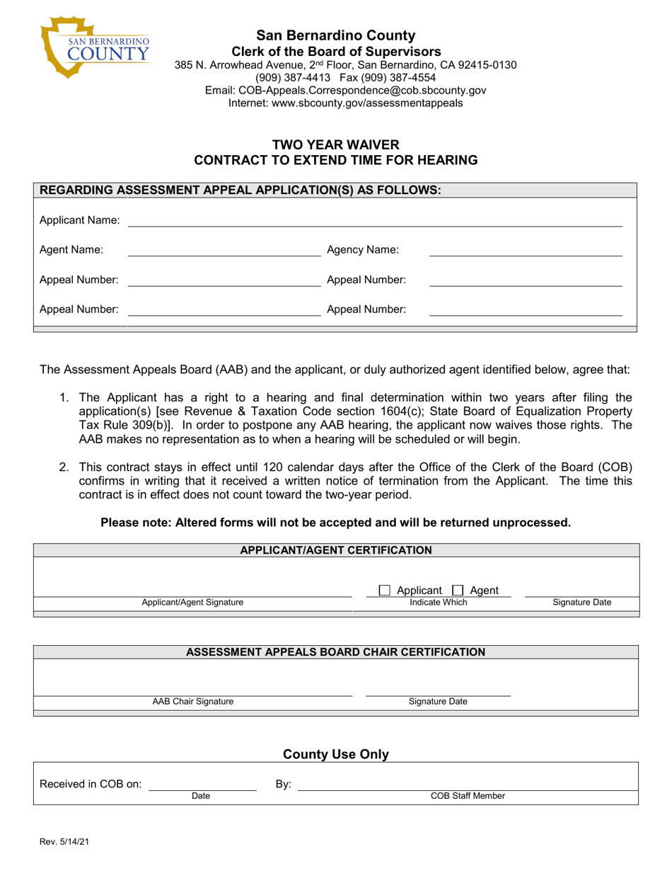 Two Year Waiver Contract to Extend Time for Hearing - County of San Bernardino, California, Page 1