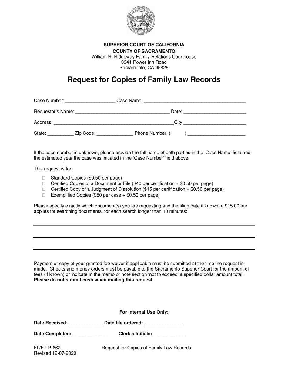 Form FL / E-LP-662 Request for Copies of Family Law Records - County of Sacramento, California, Page 1