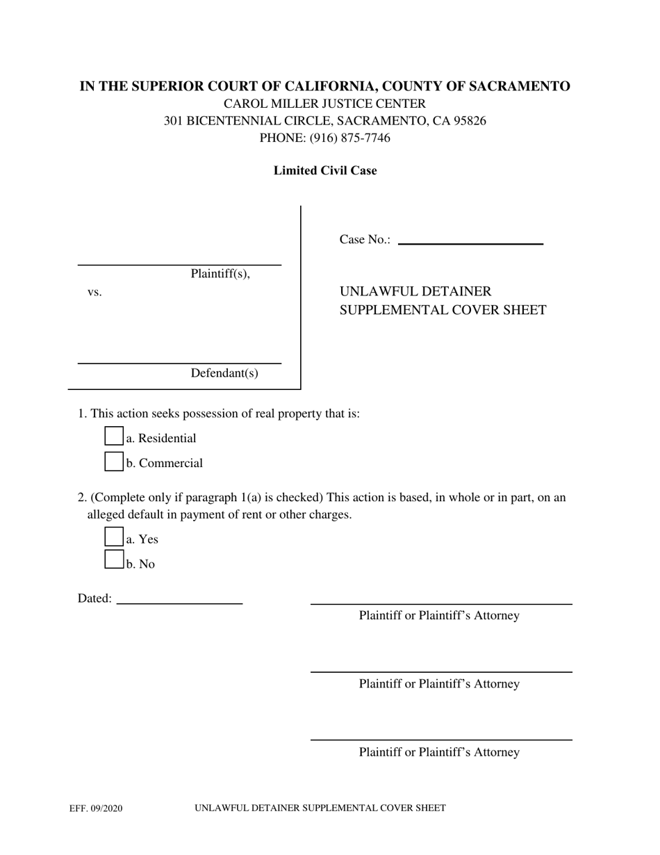Unlawful Detainer Supplemental Cover Sheet - County of Sacramento, California, Page 1