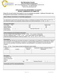 Document preview: Application for Appointment to County Board, Commission or Committee - County of San Bernardino, California