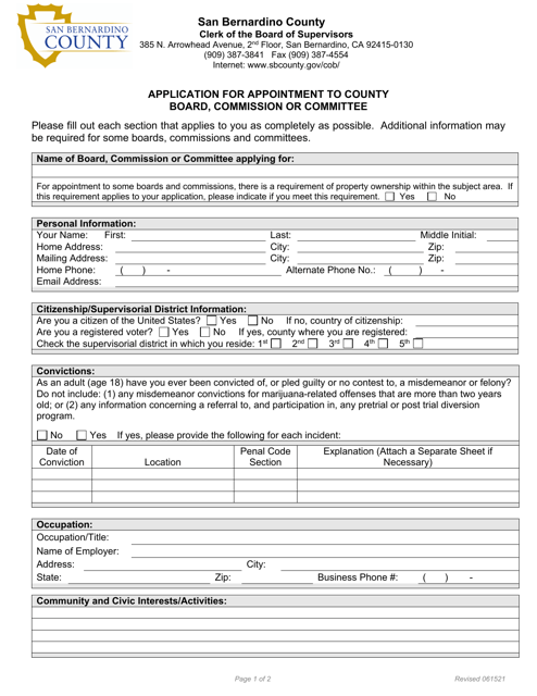 Application for Appointment to County Board, Commission or Committee - County of San Bernardino, California Download Pdf
