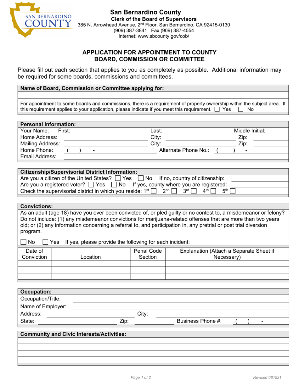 Application for Appointment to County Board, Commission or Committee - County of San Bernardino, California, Page 1
