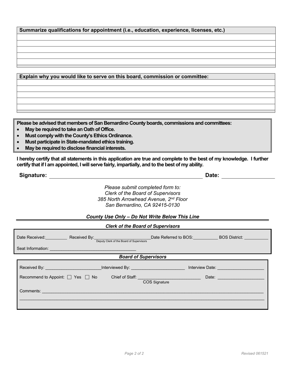 Application for Appointment to County Board, Commission or Committee - County of San Bernardino, California, Page 2