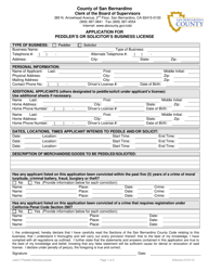 Document preview: Application for Peddler's or Solicitor's Business License - County of San Bernardino, California