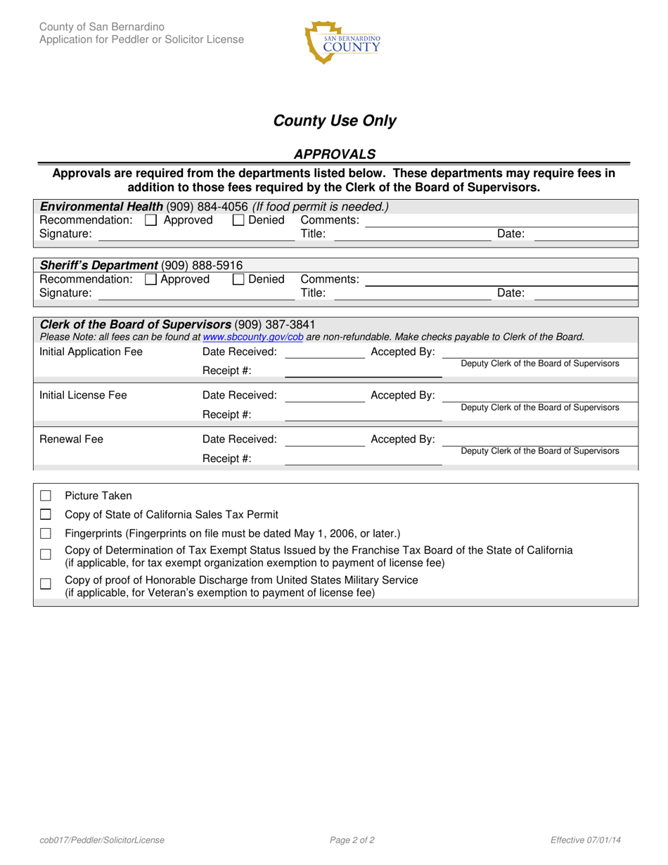 Application for Peddlers or Solicitors Business License - County of San Bernardino, California, Page 2