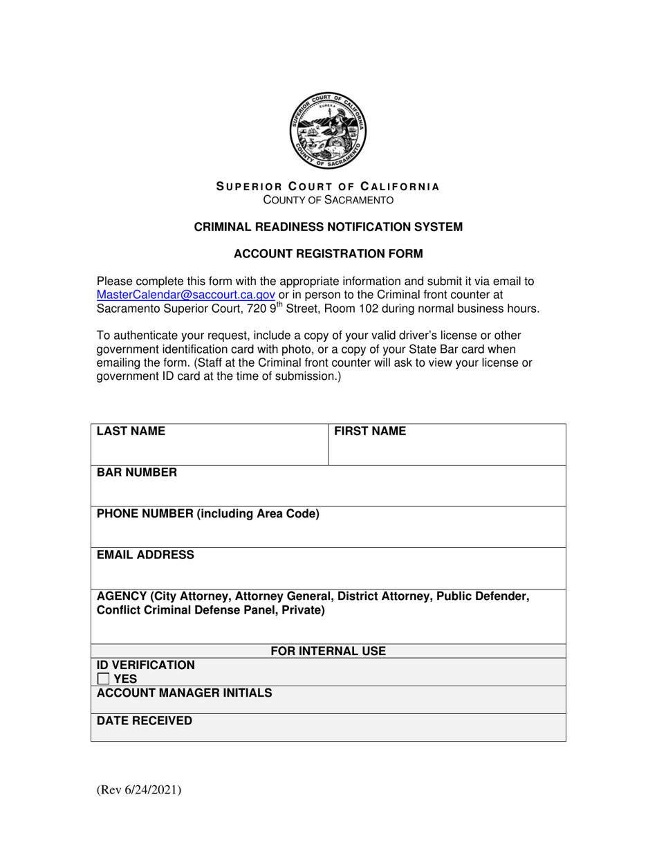 Account Registration Form - Criminal Readiness Notification System - County of Sacramento, California, Page 1