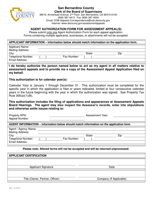 Agent Authorization Form for Assessment Appeal(S) - County of San Bernardino, California Download Pdf