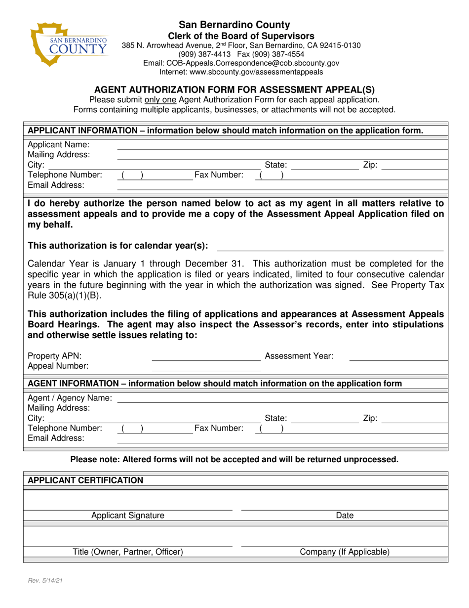 Agent Authorization Form for Assessment Appeal(S) - County of San Bernardino, California, Page 1