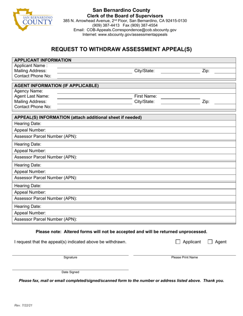 Request to Withdraw Assessment Appeal(S) - County of San Bernardino, California Download Pdf