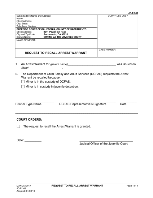 Form JC-E-369 Request to Recall Arrest Warrant - County of Sacramento, California