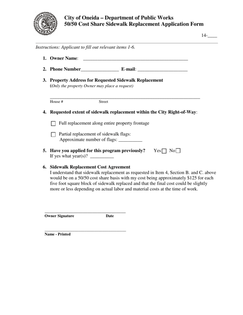 50 / 50 Cost Share Sidewalk Replacement Application Form - City of Oneida, New York Download Pdf