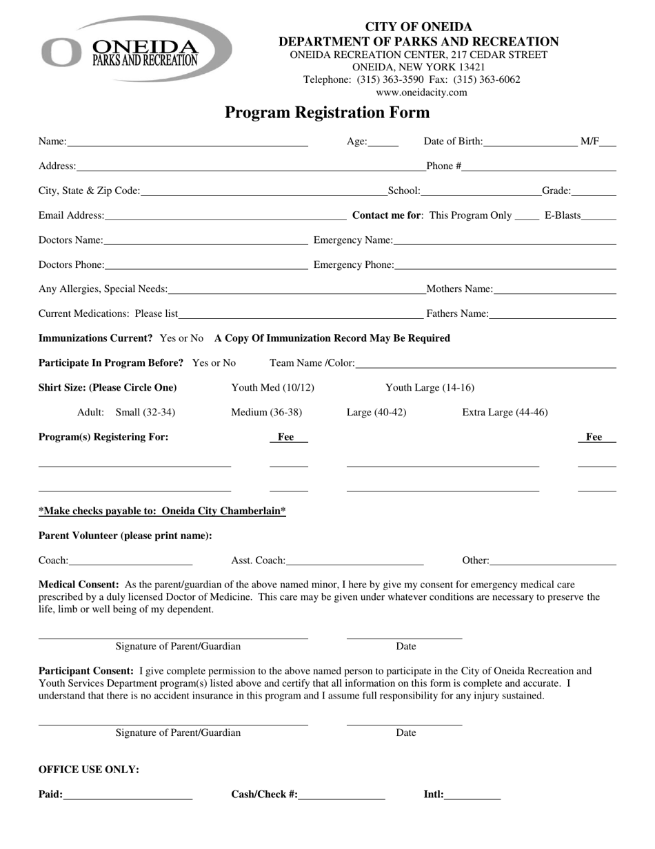 Program Registration Form - City of Oneida, New York, Page 1
