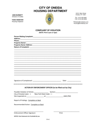 Document preview: Complaint of Violation - City of Oneida, New York