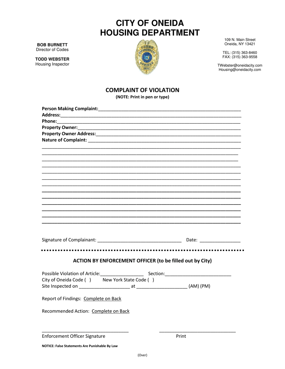 City of Oneida, New York Complaint of Violation - Fill Out, Sign Online ...