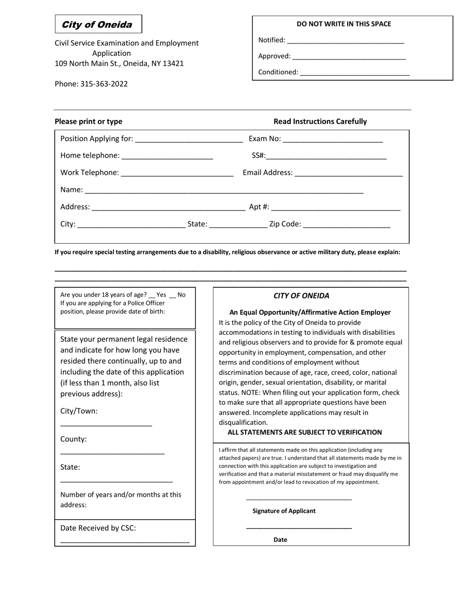 Civil Service Examination and Employment Application - City of Oneida, New York, Page 1