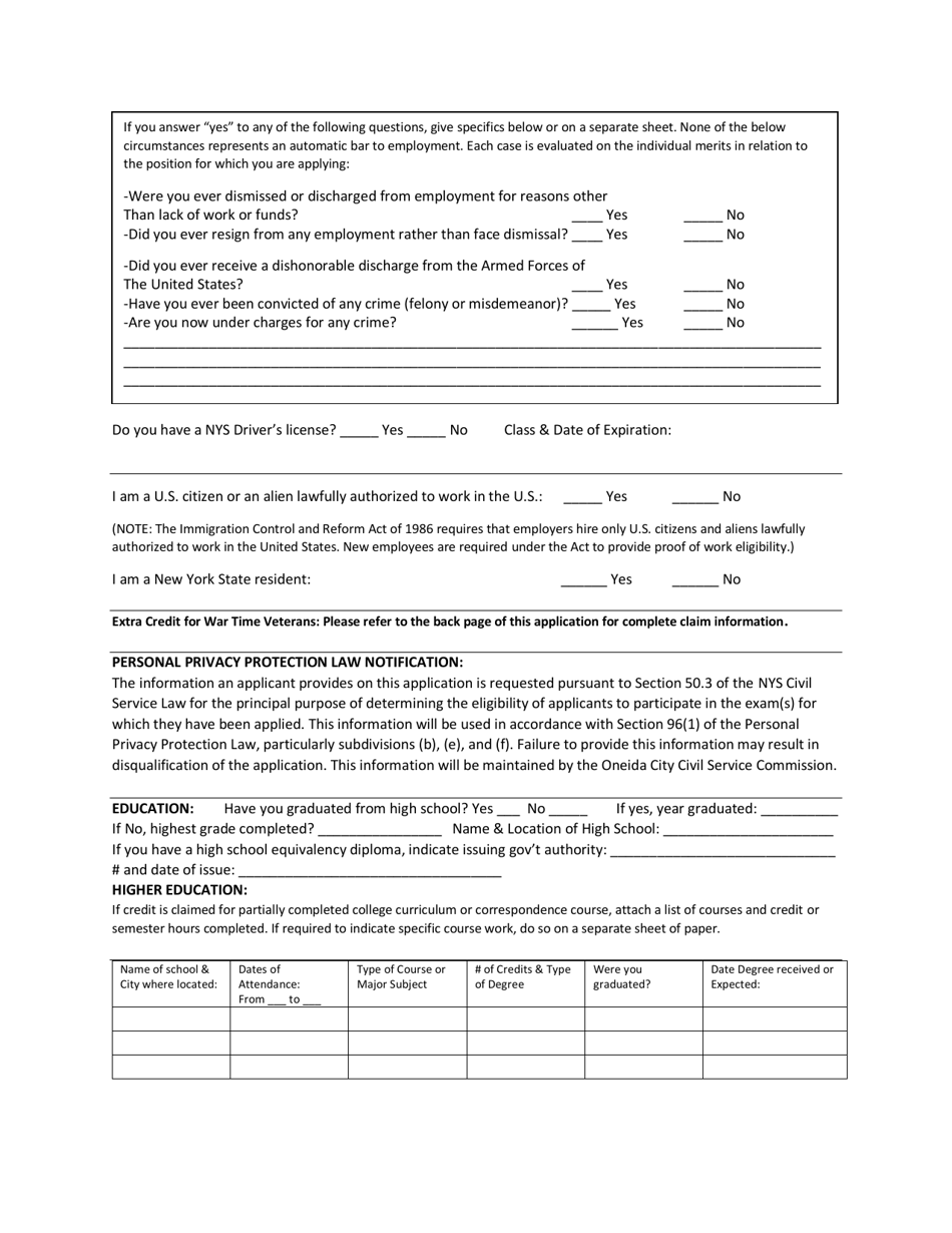 City Of Oneida New York Civil Service Examination And Employment Application Fill Out Sign 7291