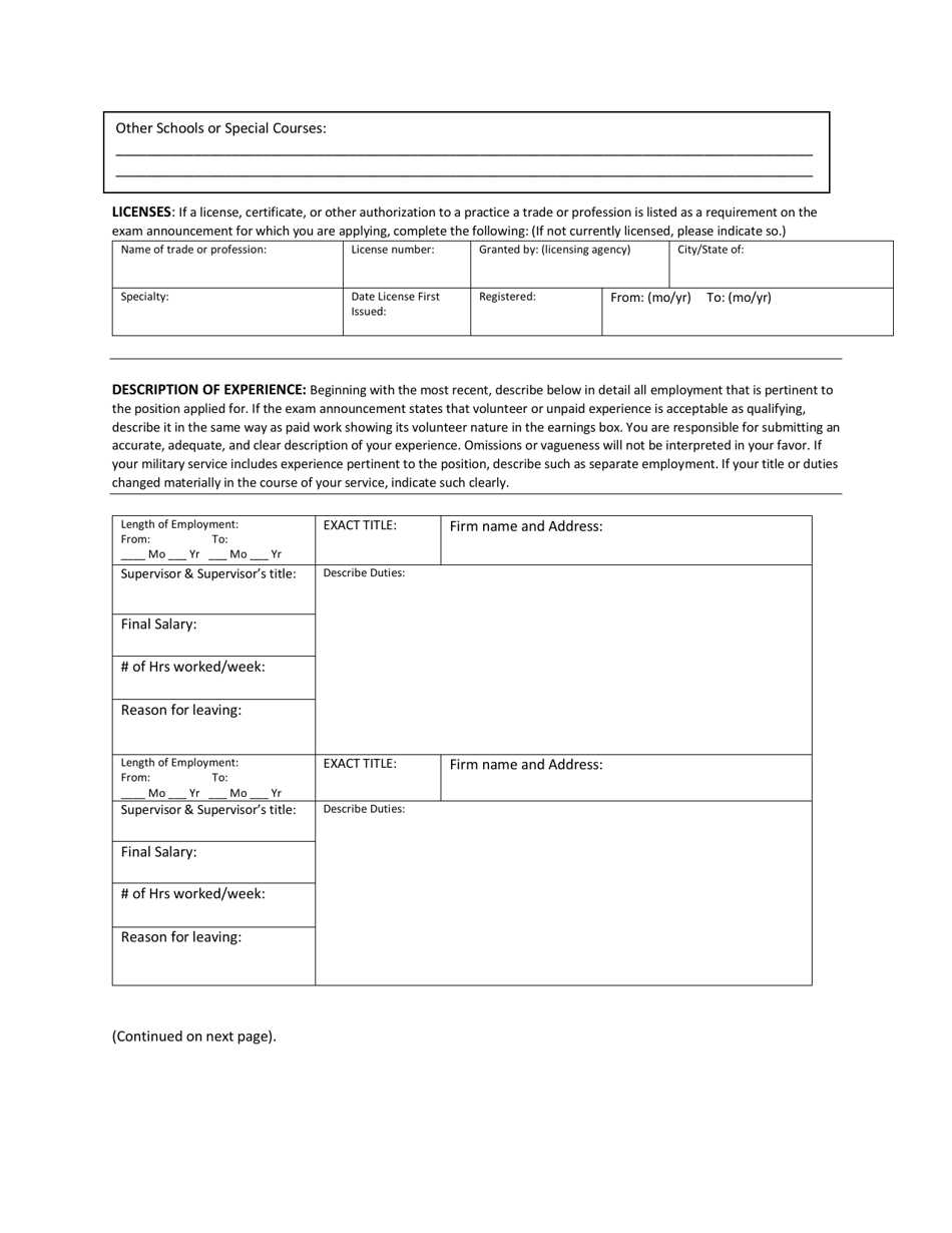 Civil Service Examination and Employment Application - City of Oneida, New York, Page 3