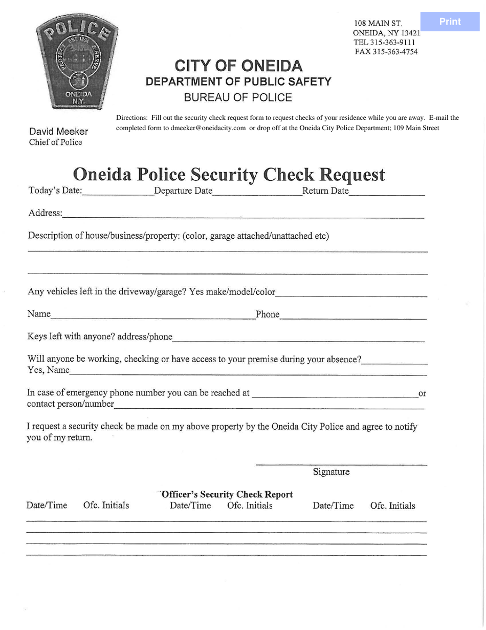 Oneida Police Security Check Request - City of Oneida, New York, Page 1