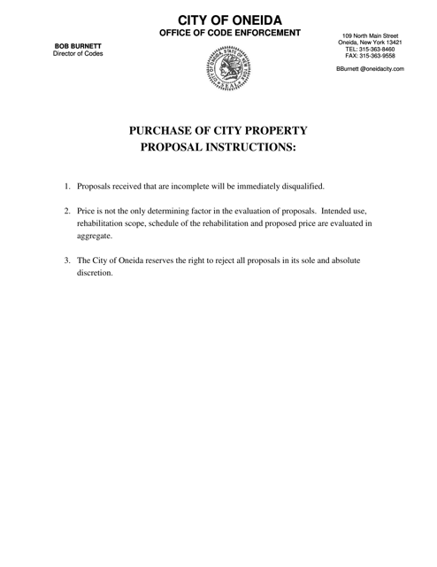 Proposal to Purchase Property Acquired by the City of Oneida Through Tax Forclosure - City of Oneida, New York