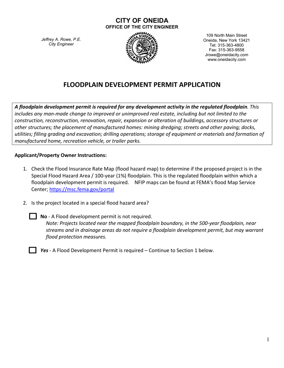 Floodplain Development Permit Application - City of Oneida, New York, Page 1