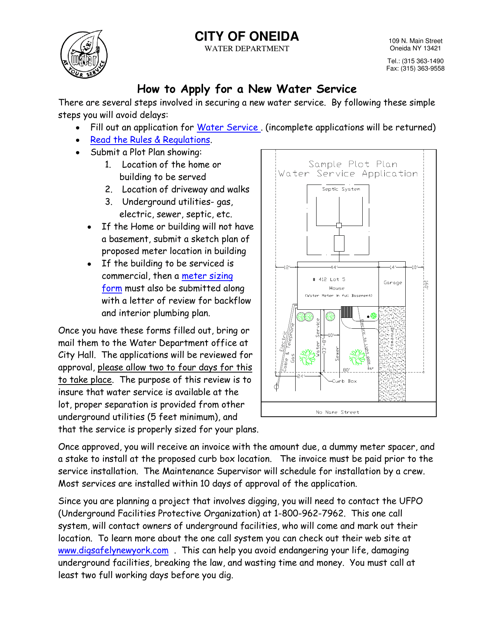 Instructions for Request for Water Service - City of Oneida, New York Download Pdf