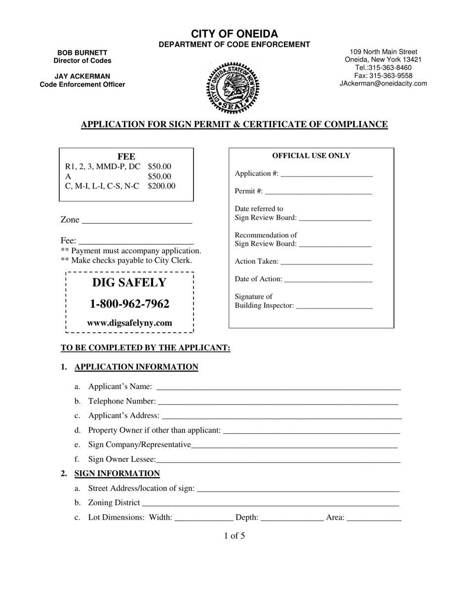 Application for Sign Permit  Certificate of Compliance - City of Oneida, New York, Page 1