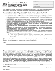 Document preview: Form 38-0059 Supplement Application for Temporary Closure - County of Los Angeles, California
