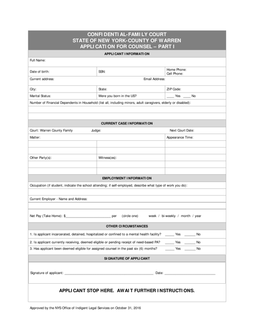 Application for Family Court Counsel - Warren County, New York Download Pdf