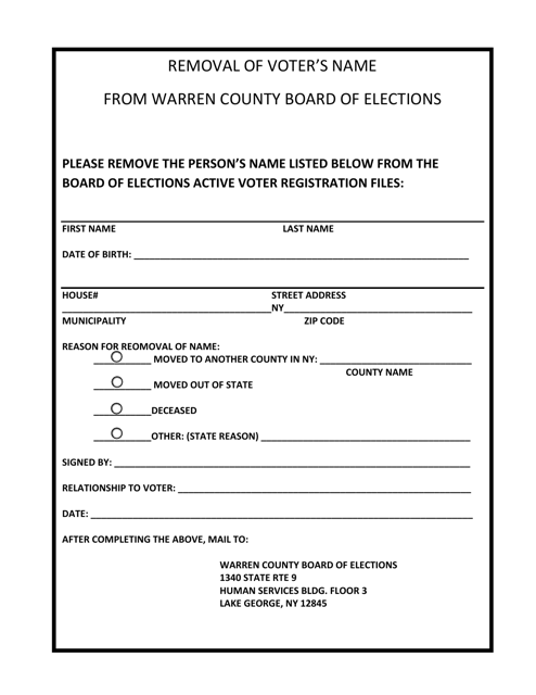 Removal of Voter's Name From Warren County Board of Elections - Warren County, New York Download Pdf