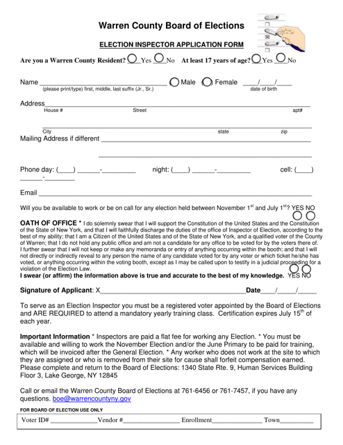 Election Inspector Application Form - Warren County, New York Download Pdf
