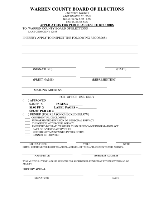 Application for Public Access to Records - Warren County, New York Download Pdf