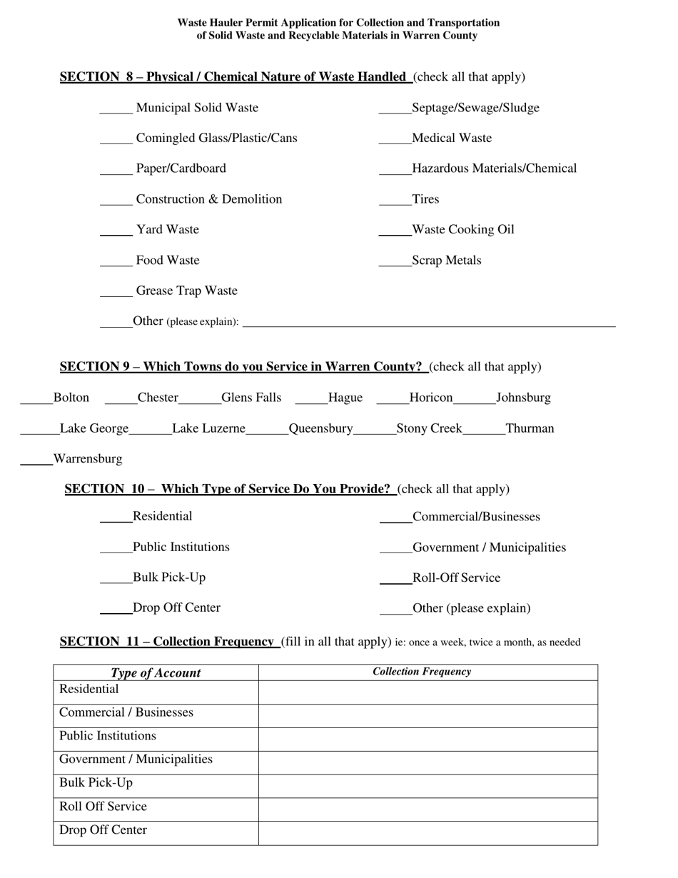 Waste Hauler Permit Application for Collection and Transportation of Solid Waste and Recyclable Materials - Warren County, New York, Page 10