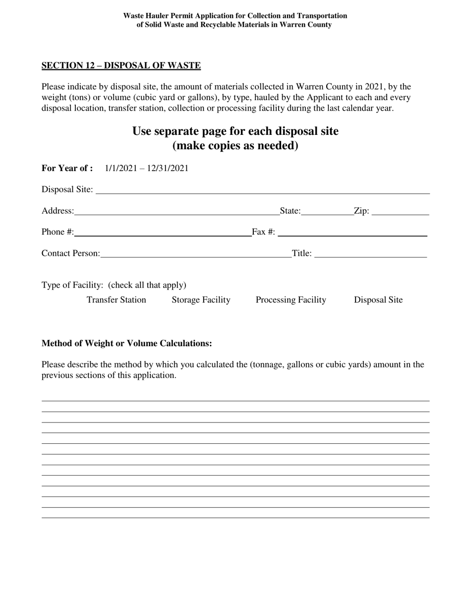 Waste Hauler Permit Application for Collection and Transportation of Solid Waste and Recyclable Materials - Warren County, New York, Page 11