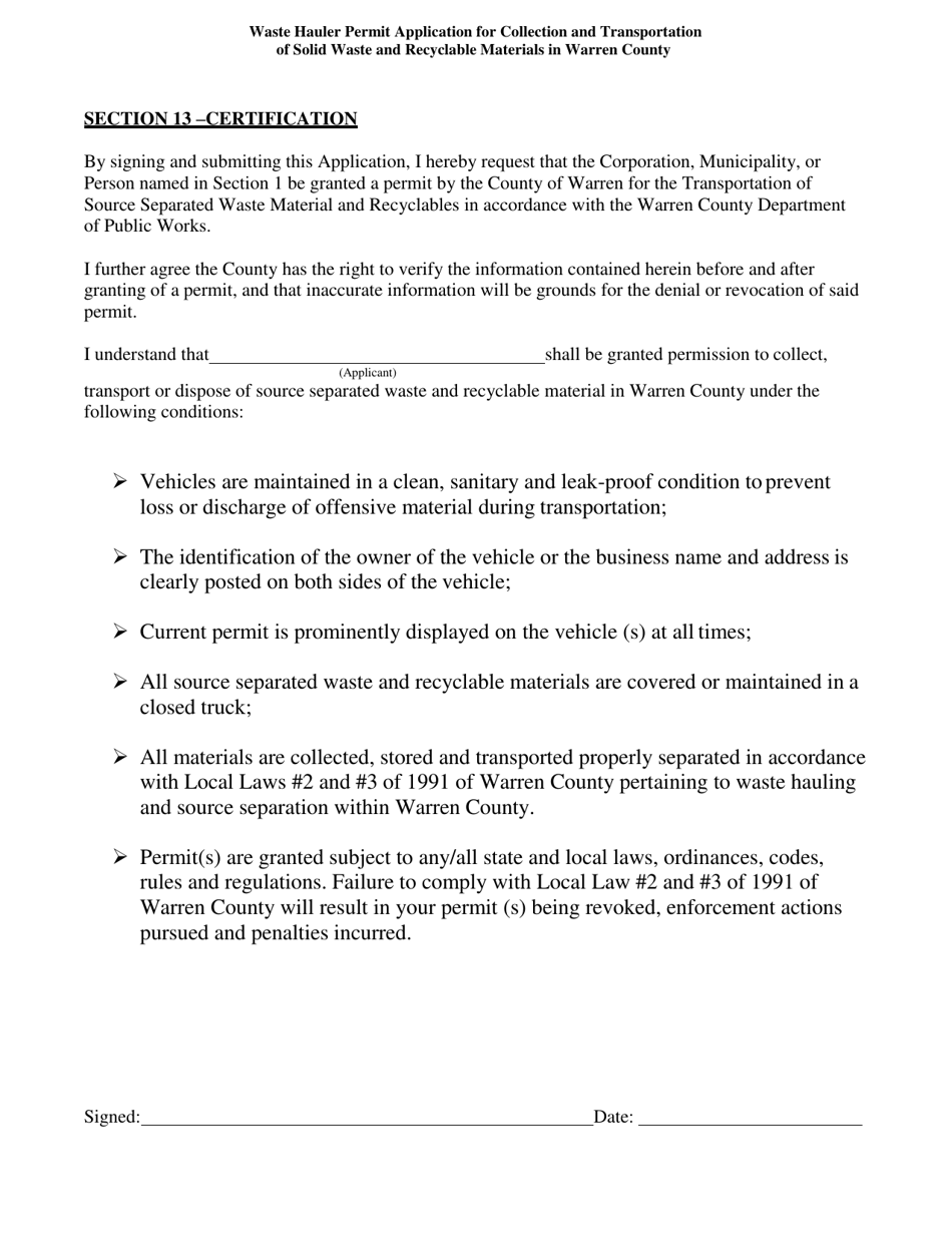 Waste Hauler Permit Application for Collection and Transportation of Solid Waste and Recyclable Materials - Warren County, New York, Page 13