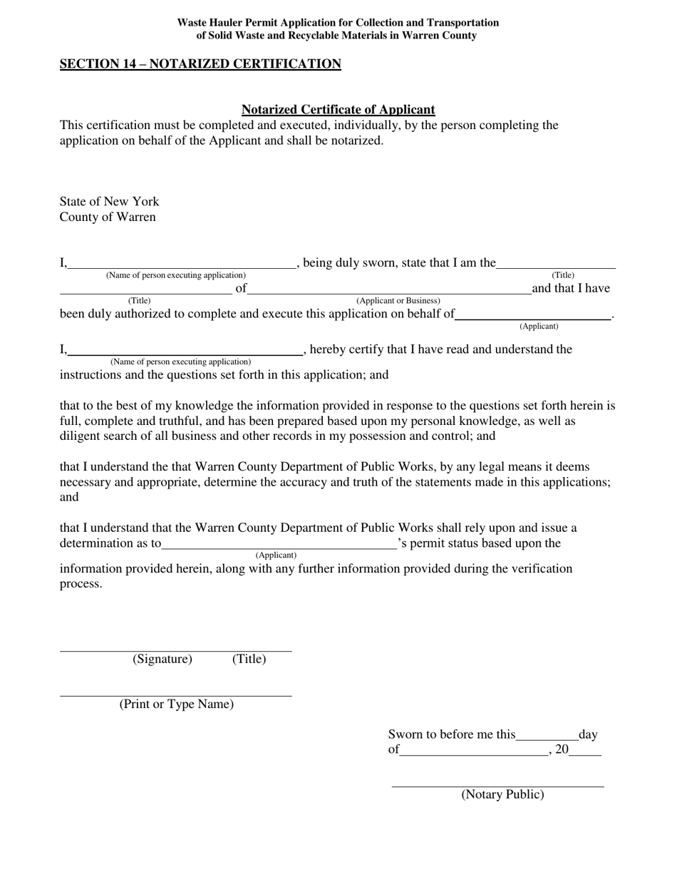 Warren County, New York Waste Hauler Permit Application for Collection ...