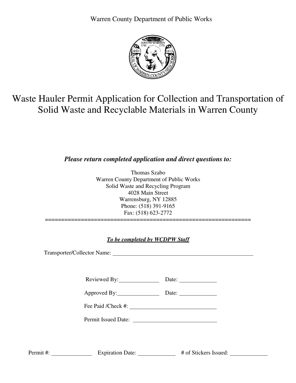 Waste Hauler Permit Application for Collection and Transportation of Solid Waste and Recyclable Materials - Warren County, New York, Page 1