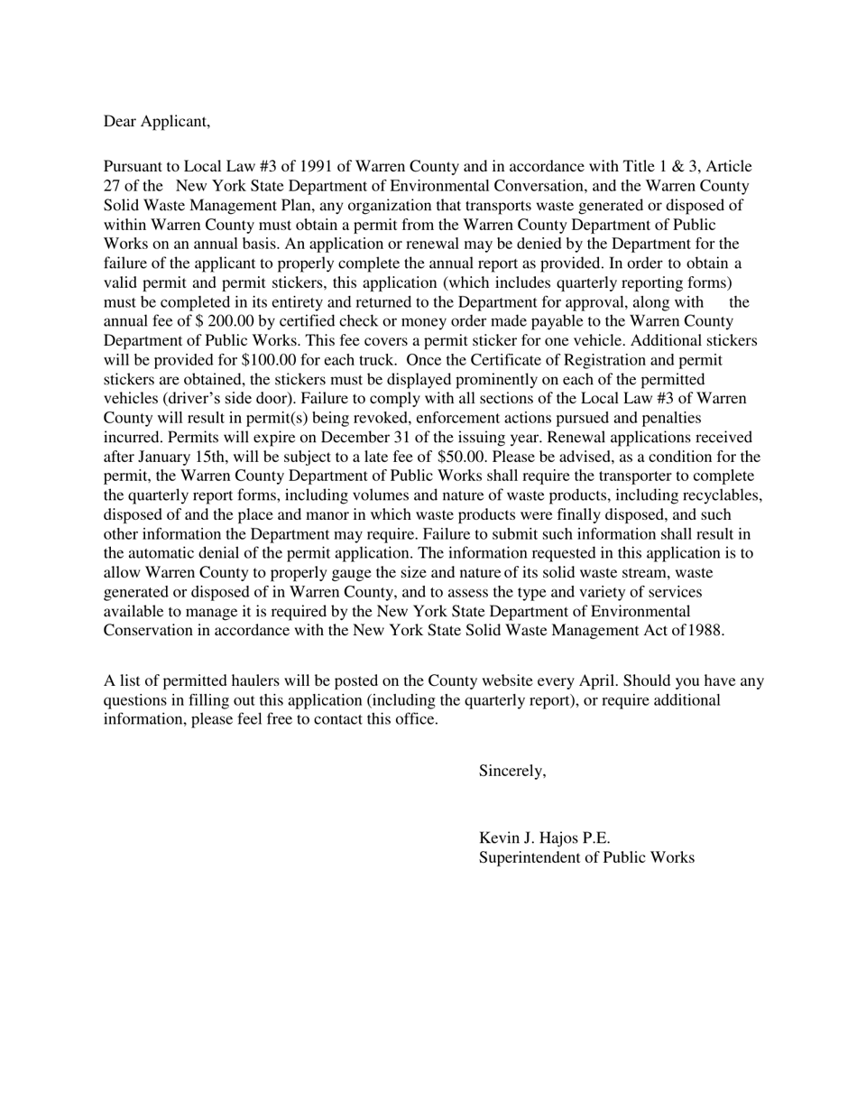 Waste Hauler Permit Application for Collection and Transportation of Solid Waste and Recyclable Materials - Warren County, New York, Page 2