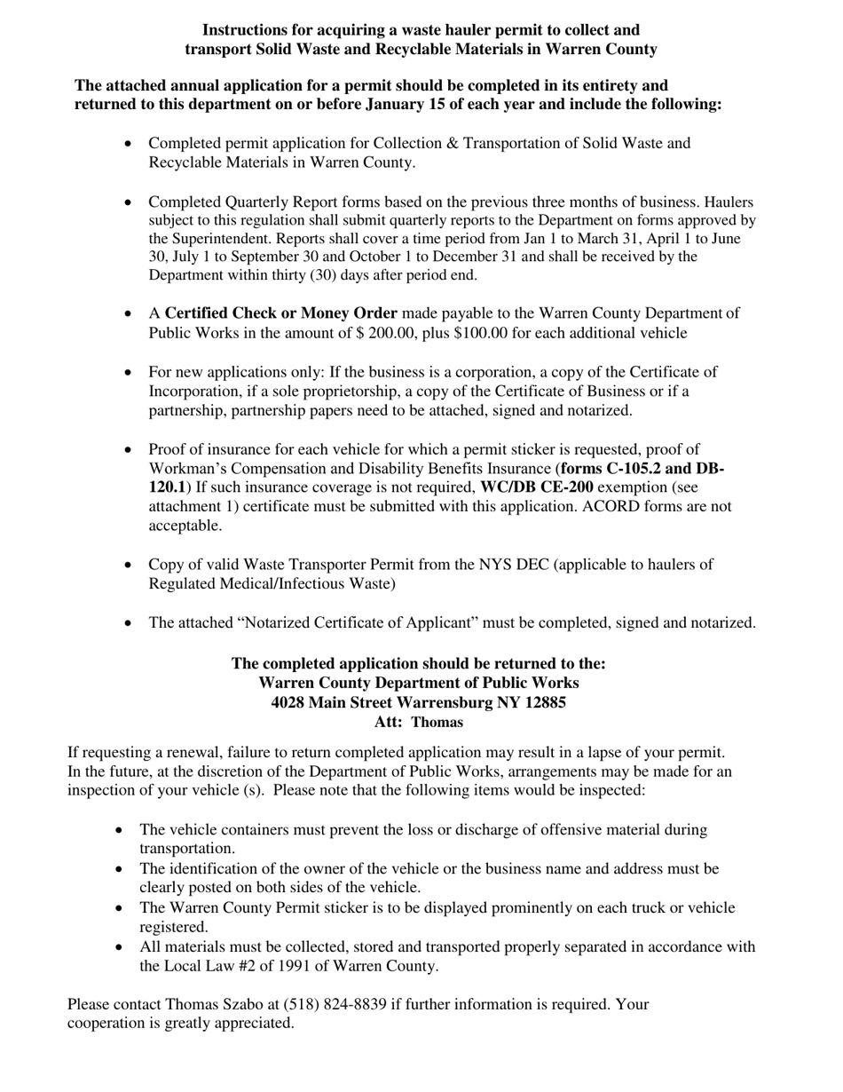 Waste Hauler Permit Application for Collection and Transportation of Solid Waste and Recyclable Materials - Warren County, New York, Page 3