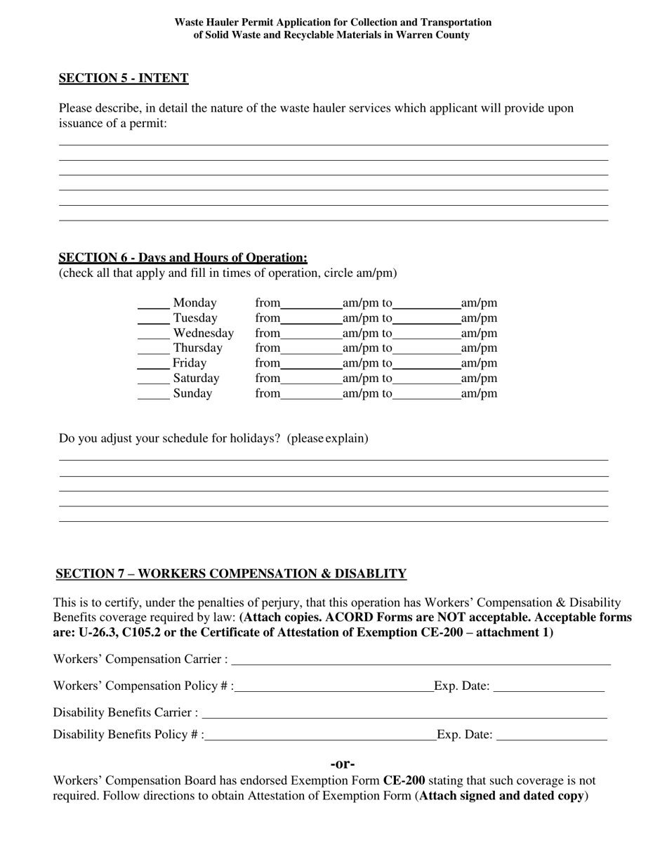 Waste Hauler Permit Application for Collection and Transportation of Solid Waste and Recyclable Materials - Warren County, New York, Page 9