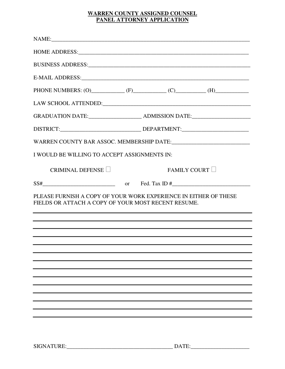 Panel Attorney Application - Warren County, New York, Page 1