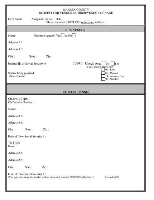 Request for Vendor Number / Vendor Change - Warren County, New York Download Pdf