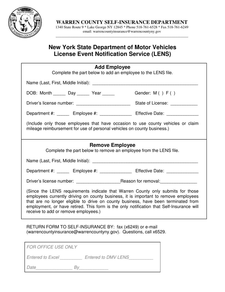 Add-Delete County Driver Form - License Event Notification Service (Lens) - Warren County, New York, Page 1