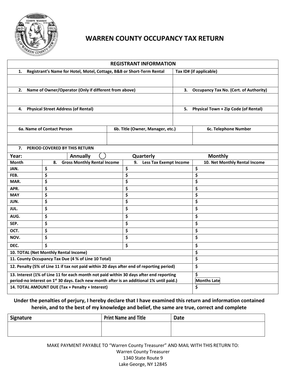 Warren County, New York Occupancy Tax Return Form Fill Out, Sign