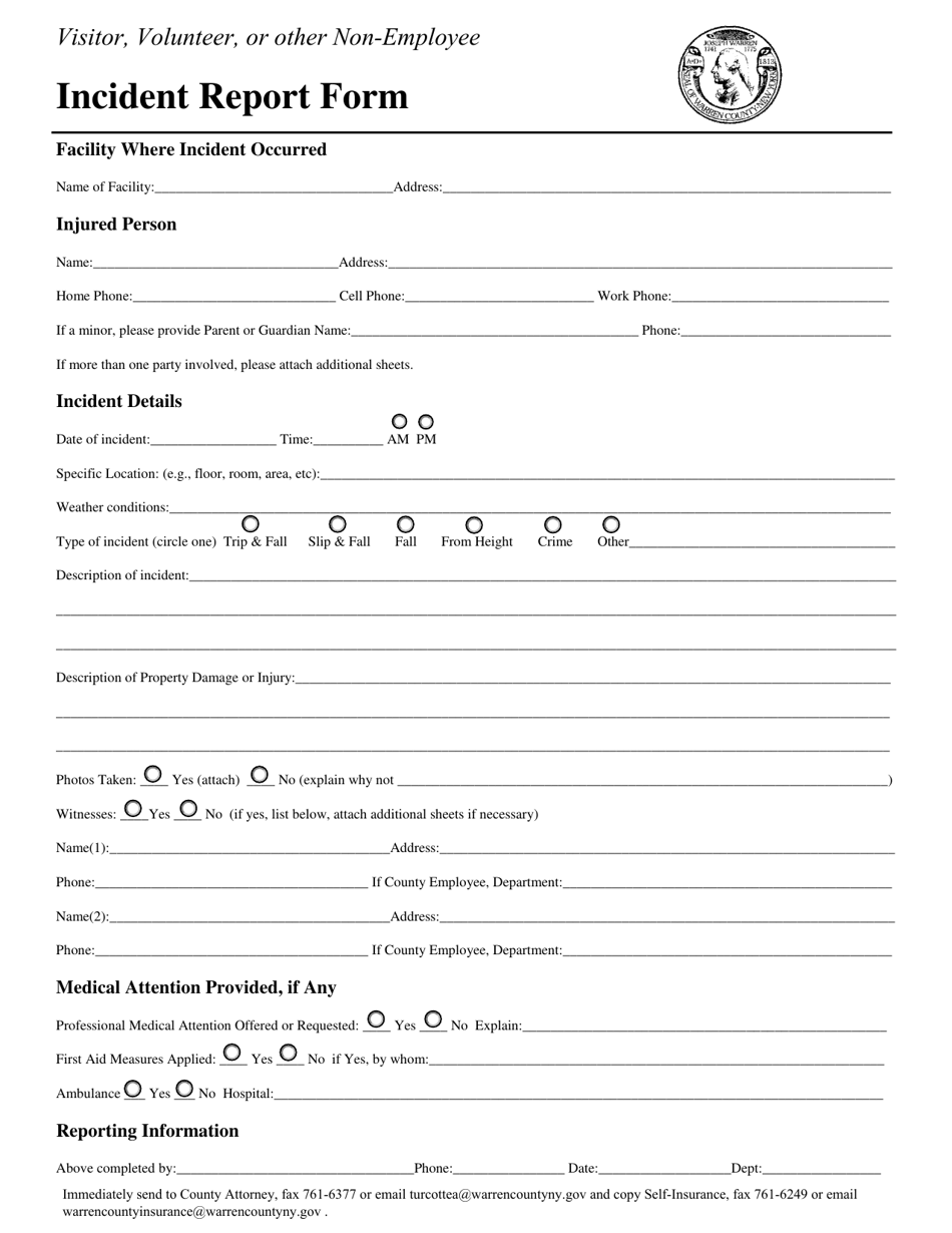 Visitor, Volunteer, or Other Non-employee Incident Report Form - Warren County, New York, Page 1