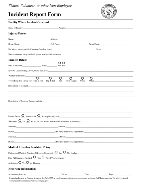 Visitor, Volunteer, or Other Non-employee Incident Report Form - Warren County, New York Download Pdf
