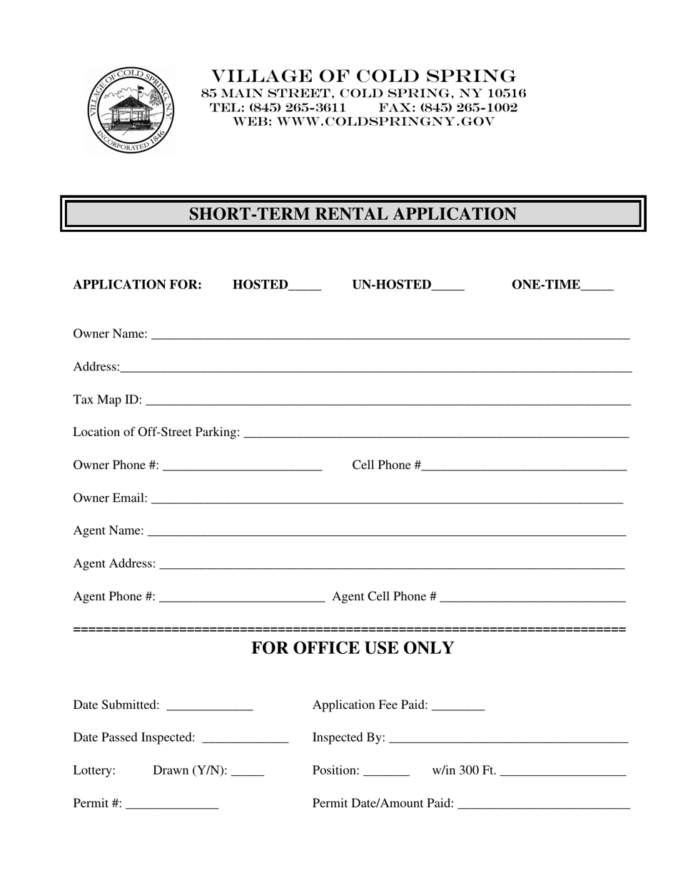 Village of Cold Spring, New York ShortTerm Rental Application Fill