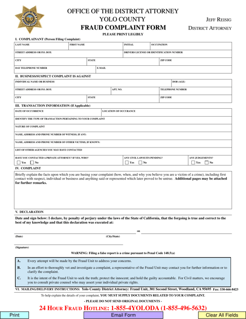 Fraud Complaint Form - Yolo County, California Download Pdf